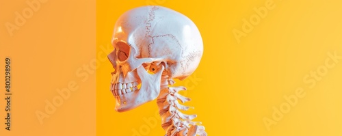 Human skull and spine model on a vivid orange background