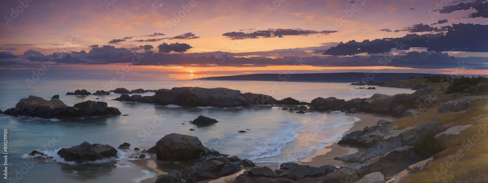 Coastal twilight panorama, A picturesque scene as the sun dips below the horizon.