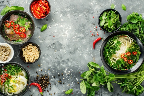 Vietnamese noodle soups pho in bowls traditional style Beef and chicken options Close up on concrete background Asian vietnamese cuisine Top view of pho bo meal