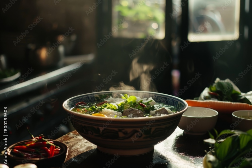 Vietnamese street food Pho Bo beef noodle soup with herbs in tasty broth served with chili lime