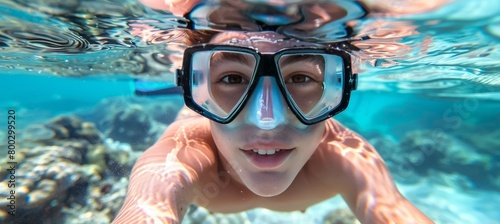 Exploring the underwater realm  young man enjoying a swim in crystal clear blue waters