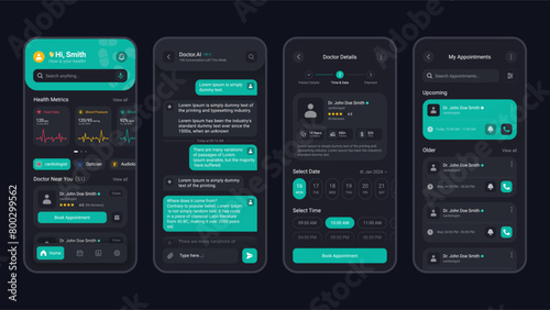 Medical app mobile screens template fulll editable and vector dark mode