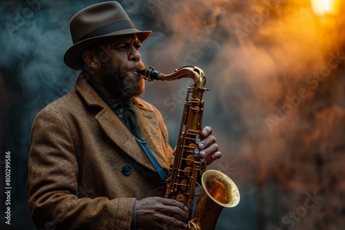 An atmospheric portrait of a jazz musician engrossed in playing his saxophone with smoke around