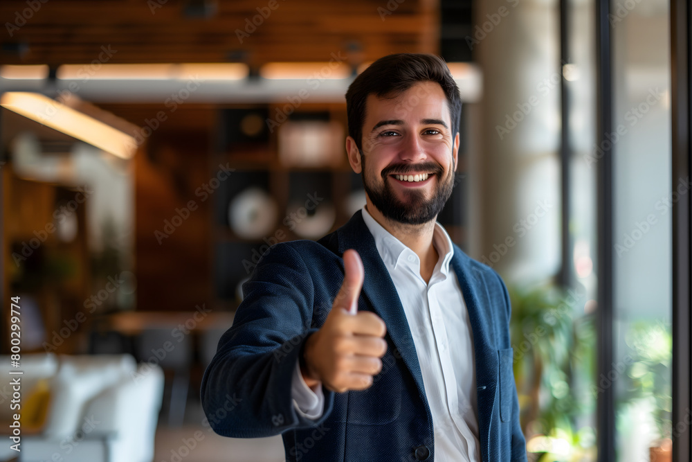 Obraz premium businessman in the office smiling and making a thumbs up gesture.