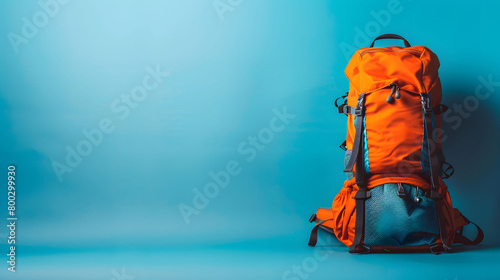 Backpack hanging on a blue background with copy space