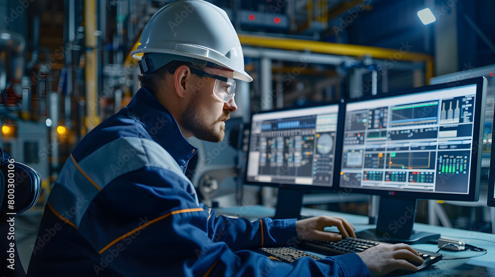 Male engineer working on a computer in a control room with multiple monitors displaying data and icons Male engineer working on a computer in a control room with multiple monitors displaying data and icons
