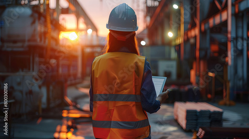 Woman in an orange safety vest and white helmet stands at the edge of an industrial site, holding her tablet as she looks out over the sunset