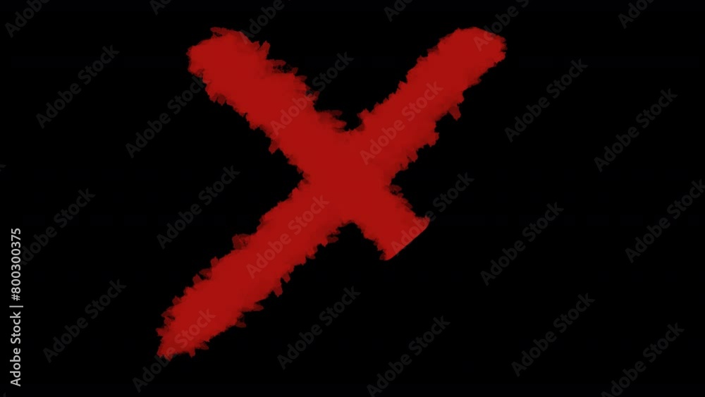 A grunge red X mark appearing on screen with three speeds and over varying backgrounds (black, white, green). A grunge red X mark appearing on screen with three speeds and over varying backgrounds (black, white, green).