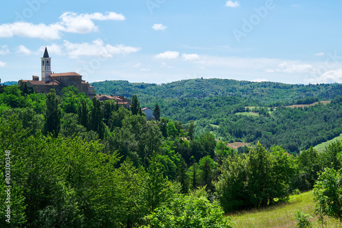 The castle and the church of Sale San Giovanni, one of the many small villages in Alta Langa, Langhe region, Piedmont, Italy