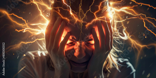 Cerebral Hemorrhage: The Sudden Headache and Neurological Symptoms - Picture a person clutching their head with a look of distress, with lightning bolts in the brain area, indicating the sudden headac