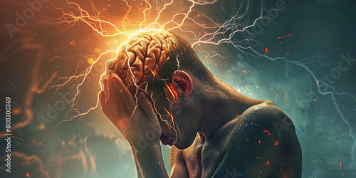 Cerebral Hemorrhage: The Sudden Headache and Neurological Symptoms - Picture a person clutching their head with a look of distress, with lightning bolts in the brain area, indicating the sudden headac photo