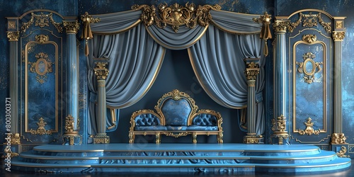 blue with golden curtain stage with frames,