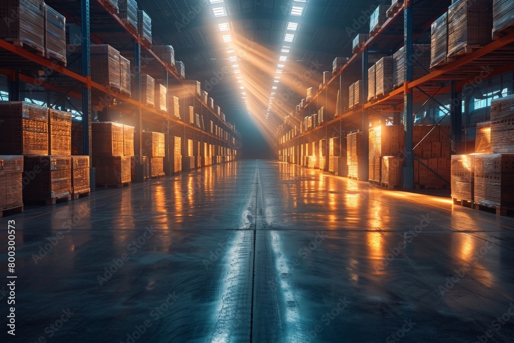 A vast warehouse with neatly stacked goods and striking lighting provides a glimpse into modern logistics and storage solutions A vast warehouse with neatly stacked goods and striking lighting provides a glimpse into modern logistics and storage solutions