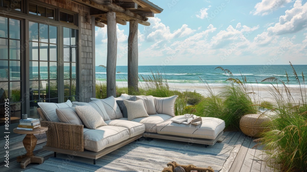 Fototapeta premium Outdoor Sofa Beachside Relaxation: Photos showcasing outdoor sofas near the beach