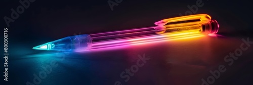 A futuristic pen with builtin AI suggests edits as you write, glowing softly in a spectrum of neon colors