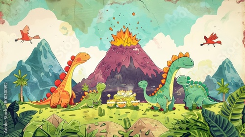 A kids drawing of dinosaurs having a tea party under a volcano just before it erupts, adding a touch of humor and innocence to a prehistoric setting in a delightful cartoon concept photo