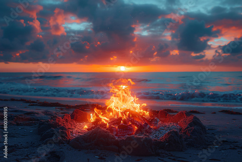 fire on the beach with sunset 