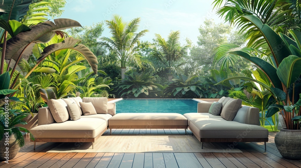 Fototapeta premium Outdoor Sofa Resort Relaxation: An illustration of an outdoor sofa at a resort