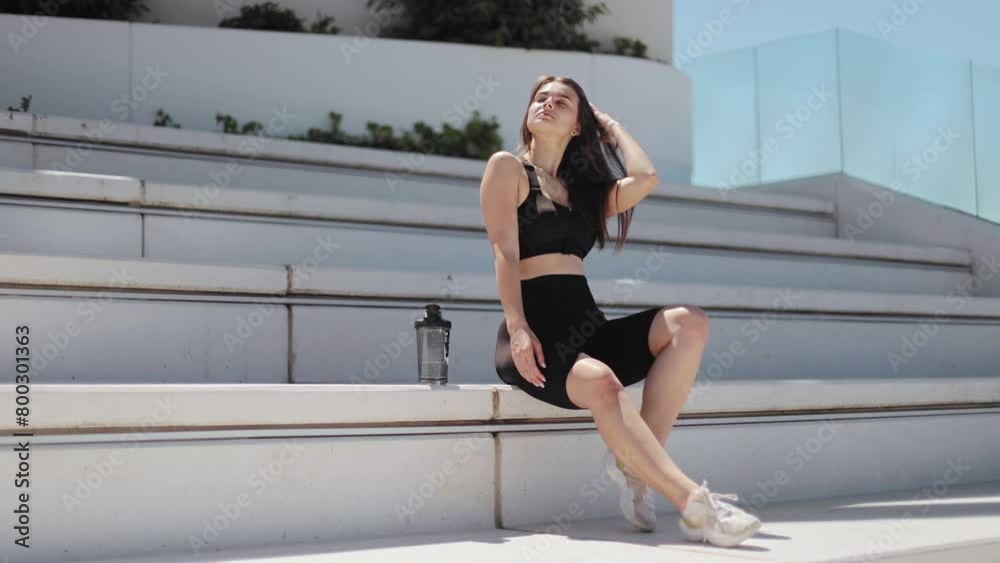 Attractive girl, woman, model with a sporty body and beautiful hair posing on a chic white staircase, luxury architecture and exterior, rich life, health, lifestyle, morning workout, success Attractive girl, woman, model with a sporty body and beautiful hair posing on a chic white staircase, luxury architecture and exterior, rich life, health, lifestyle, morning workout, success