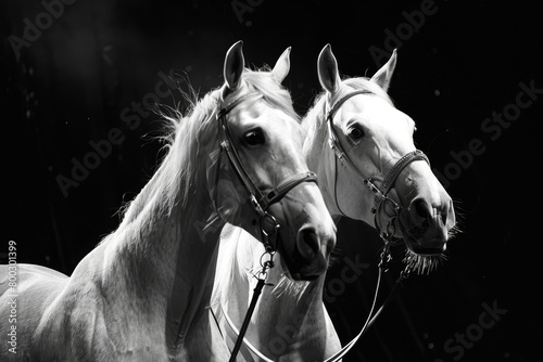 White horses in circus on dark background © LimeSky