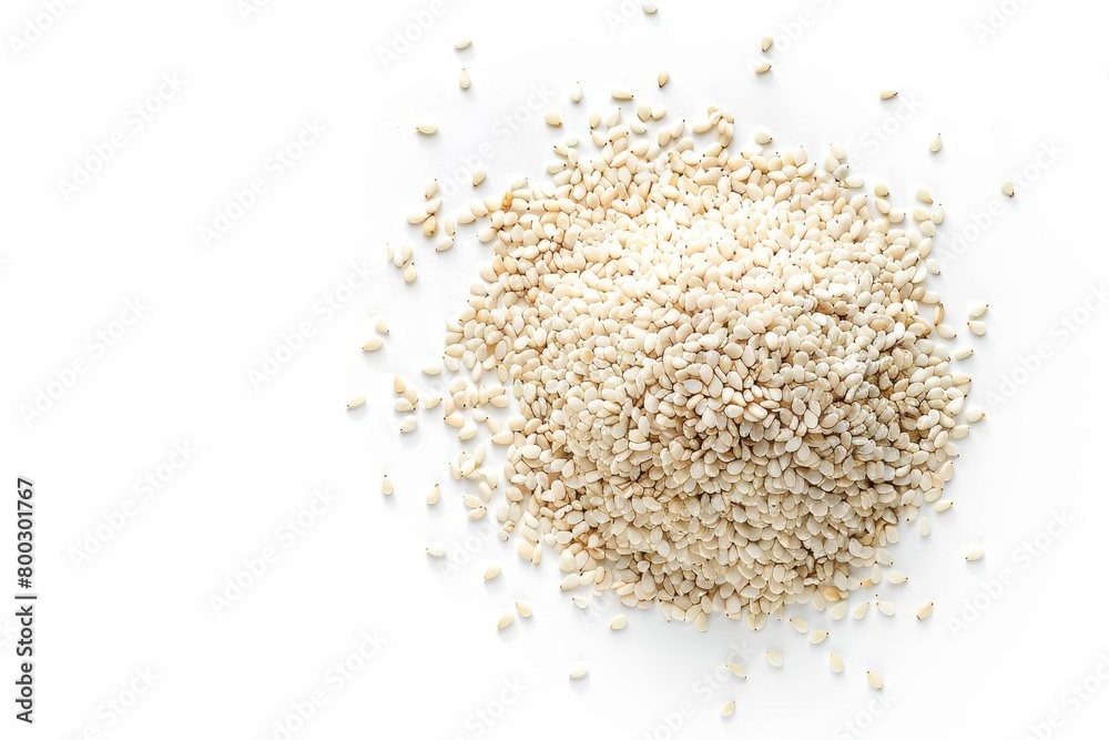 White sesame seeds viewed from above against white background White sesame seeds viewed from above against white background