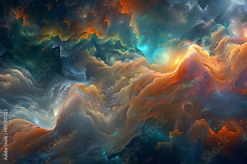 A cosmic storm brews on an abstract background, as a sea of glowing particles churns with mesmerizing energy.