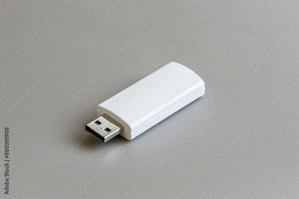 White USB flash drive against gray backdrop