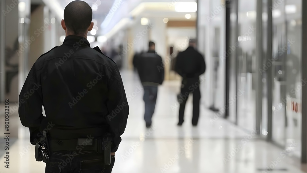 Security Guard Stands Guard with His Back to Shopping Mall. Concept Security, Guard, Mall, Protection, Surveillance