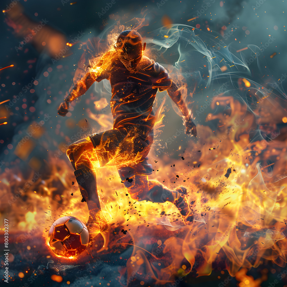 A man in a black soccer jersey is kicking a ball on a field that is on fire. Concept of danger and excitement, as the man is in the midst of a fiery battle with the ball. Generative Ai