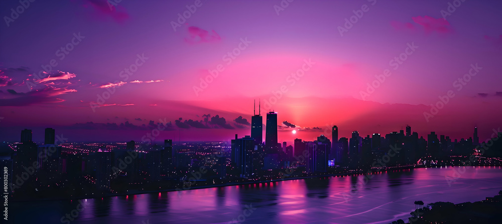 Capture an abstract, geometrically styled cityscape at dusk using sharp silhouettes and a color scheme of purples and grays to evoke the end of the day, looking like it was shot with an HD camera