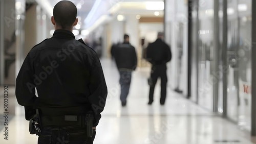 Security Guard Stands Guard with His Back to Shopping Mall. Concept Security, Guard, Mall, Protection, Surveillance photo
