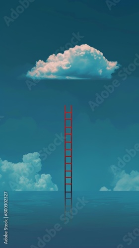 Red ladder reaching towards a solitary cloud in a clear blue sky