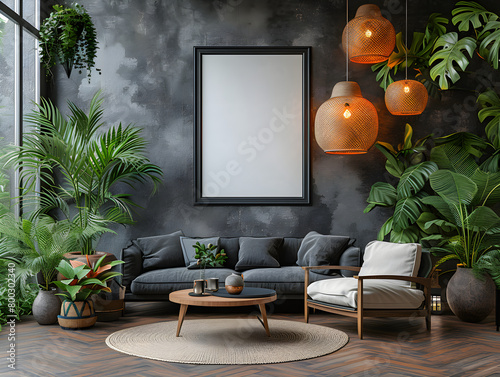 industrialist style livingroom apartement space morningday with blue soft walls,green plants,chandelier,black cozy sofa with Interior Mockup with one white photo frame in the background photo