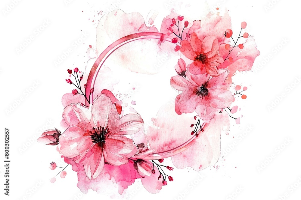 Circle Frame with Pink Watercolor Flowers. Elegant Mother's Day Design with copy-space