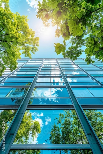 Sustainable glass office building with tree in modern urban setting for eco friendly practices