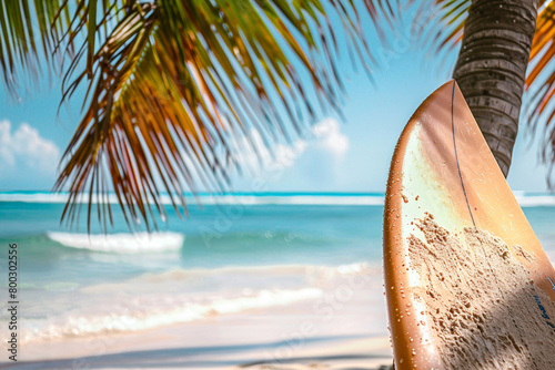 surfboard on the tropical beach, summer background with copy space