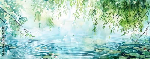 A willow weeps gently over a quiet pond, its tendrils kissing the surface, stirring ripples of tranquility, kawaii water color