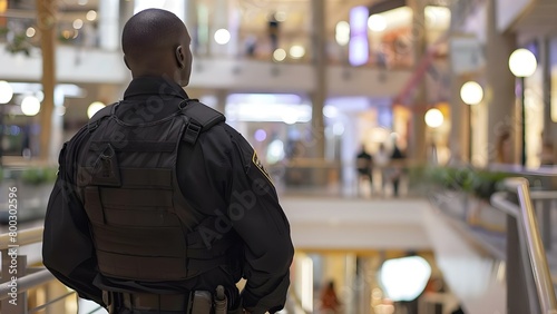 Security Guard in Black Stands Vigilant at Shopping Mall. Concept Security Guard, Black Uniform, Vigilant, Shopping Mall, Authority Figure photo