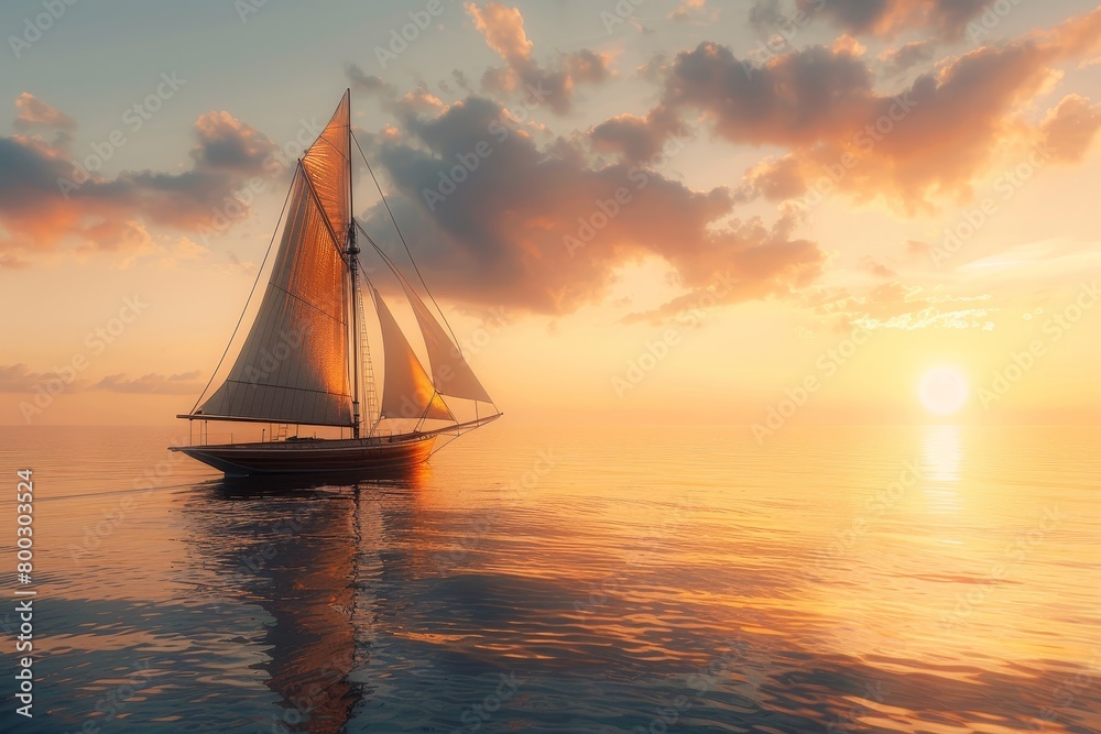Wooden sailboat at sunrise on the sea