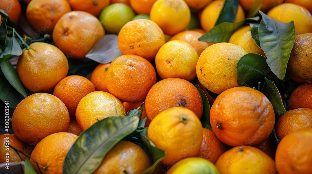 Close-up of citrus fruits with leaves at a market stand. Organic produce and vitamin C source concept