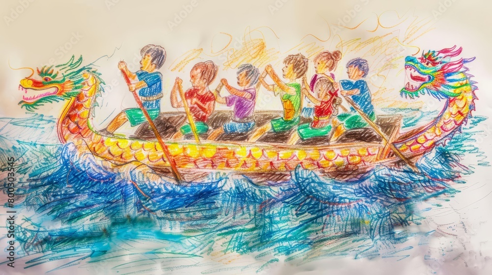 Fototapeta premium Children across Asia compete in a dragon boat race, their efforts illustrated in colorful pencil strokes, color drawn pencil concept