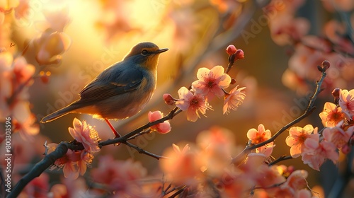 Flock of birds are singing happily on the branches of a tree with spring flower blossoms and sun light , spring season background,