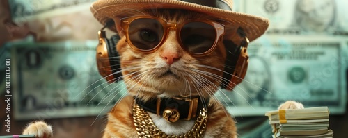 Consider the winning concept of a hipster cat dressed as a wealthy gangster boss, complete with sunglasses, hat, headphones, gold chain, and stacks of money dollars How can this character embody a sen
