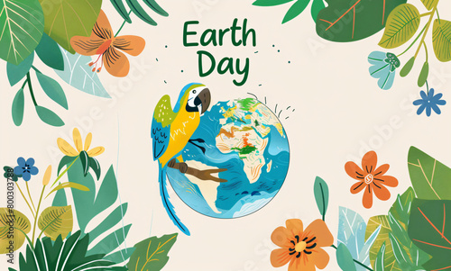 Earth day poster with a parrot  planet and flowers vector illustration  flat design for a web banner  card or t shirt print template. Flat cartoon vector illustration of an earth day poster with a glo