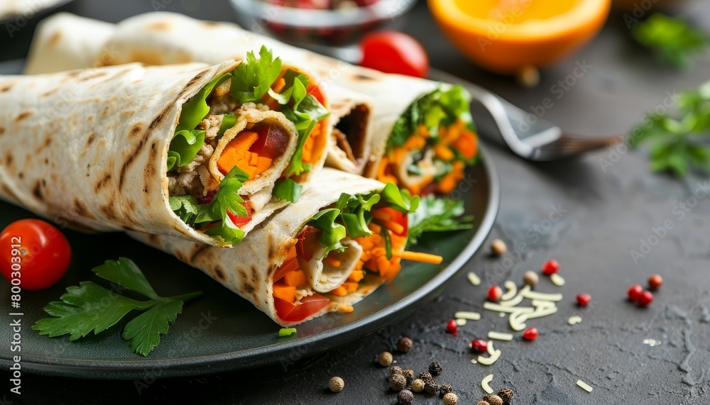 Wraps with vegetables meat and blood oranges on a plate Wraps with vegetables meat and blood oranges on a plate