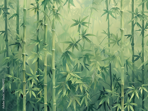 A painting of a bamboo forest with bamboo shoots and leaves in a green color tone against a solid background 