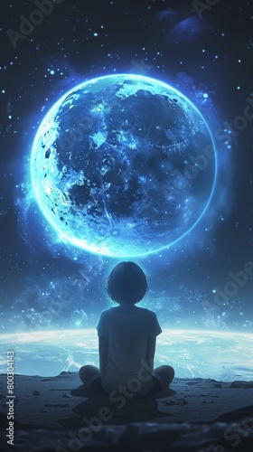 Girl observing giant moon. Surreal digital art. Concept of dreams and imagination