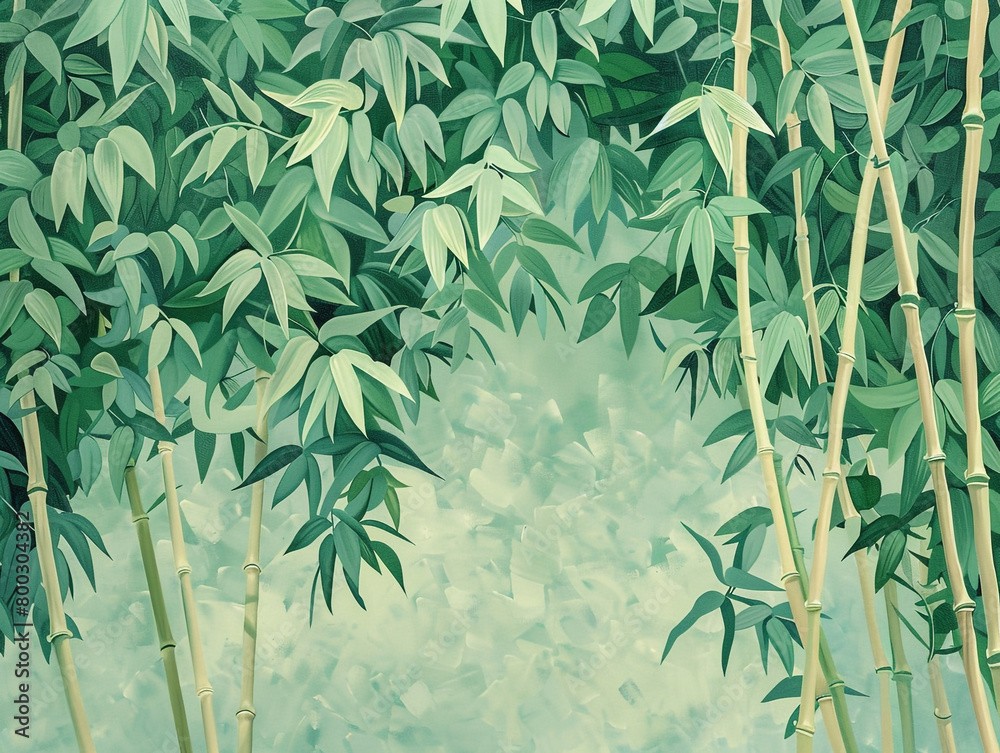 A painting of a bamboo forest with bamboo shoots and leaves in a green color tone against a solid background A painting of a bamboo forest with bamboo shoots and leaves in a green color tone against a solid background