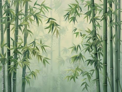 A painting of a bamboo forest with bamboo shoots and leaves in a green color tone against a solid background 