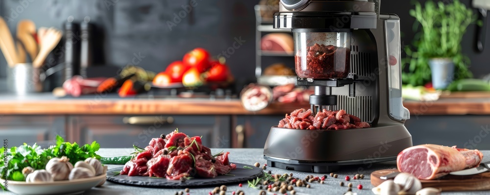 Electric meat grinder processing fresh meat in a modern kitchen setting. Home cooking and kitchen appliances concept.